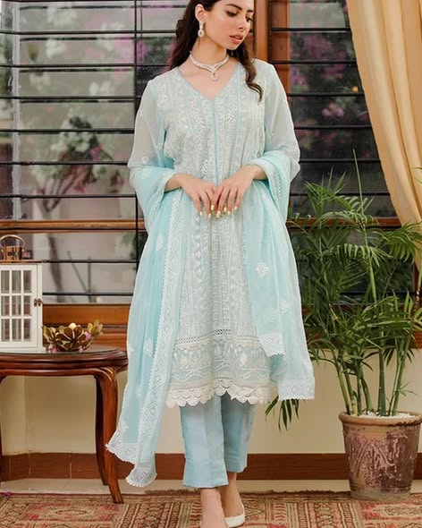 Sky Blue Chiffon Handwork Suit