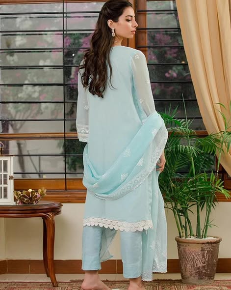 Sky Blue Chiffon Handwork Suit
