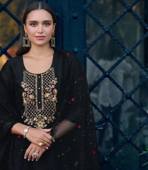 Black Vichitra Silk Suit
