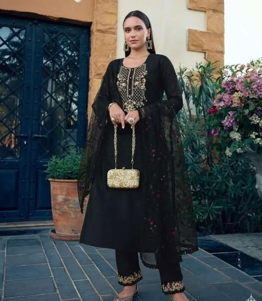 Black Vichitra Silk Suit