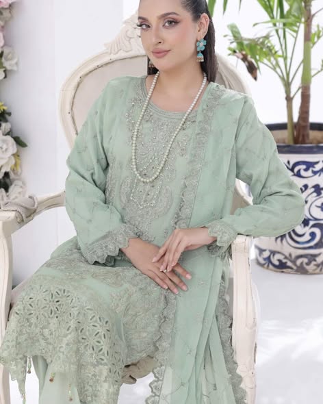 Mint Chiffon Embroidered Suit