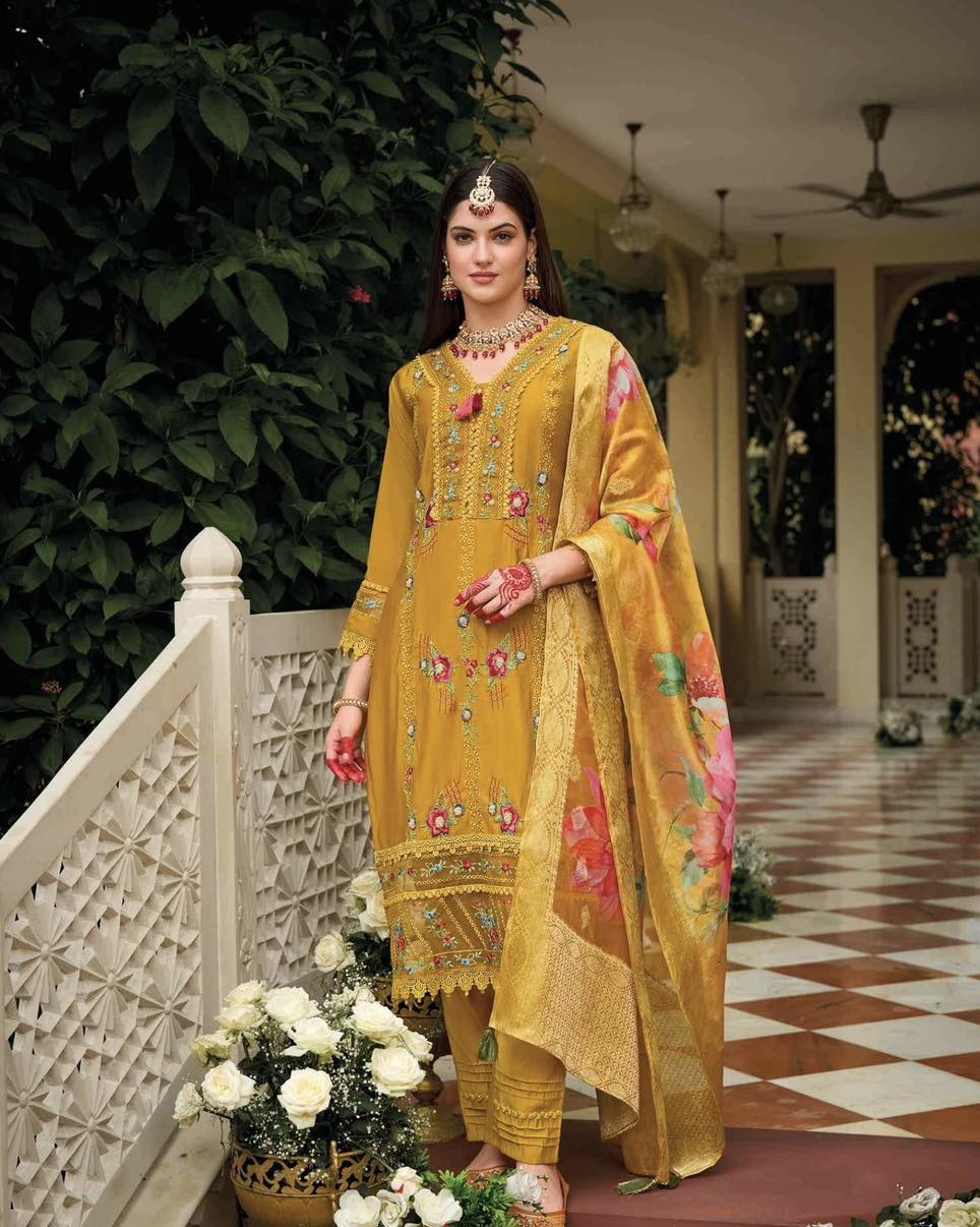 Mustard Viscose Silk Embroidered Suit – Size 44