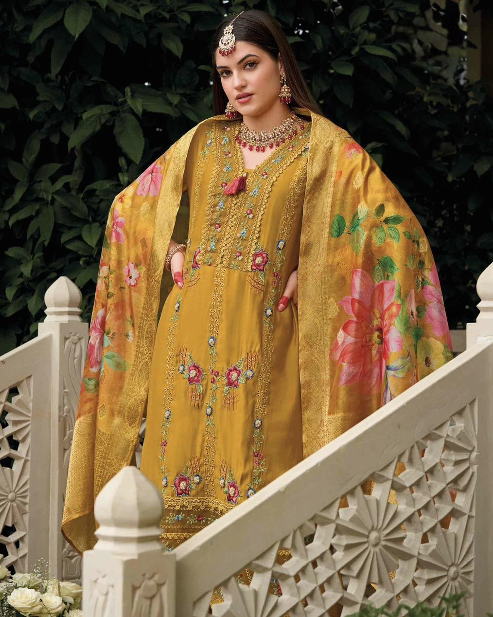 Mustard Viscose Silk Embroidered Suit – Size 44